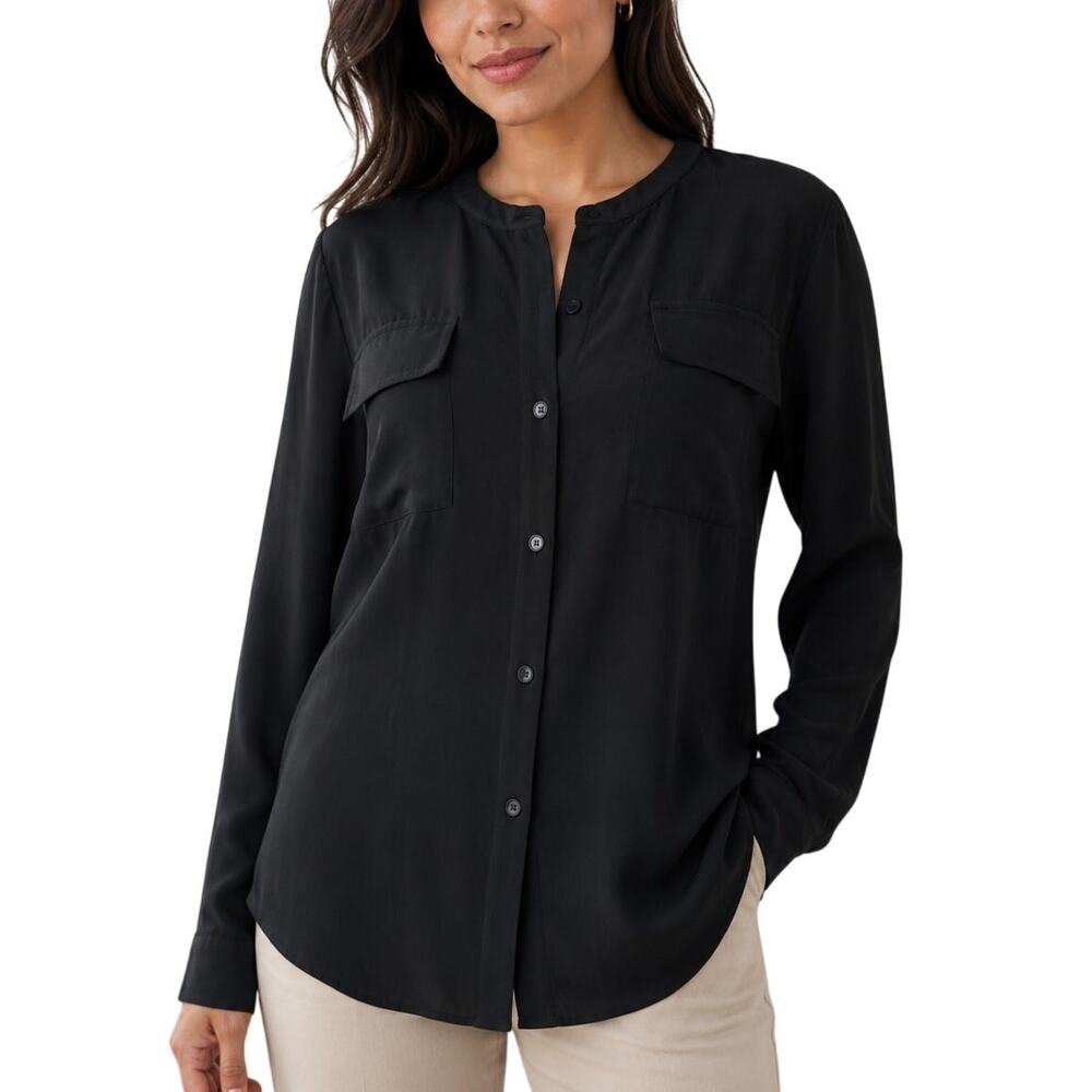 Calvin Klein Black Crepe Button Down Blouse Medium Relaxed Fit Office Minimalist